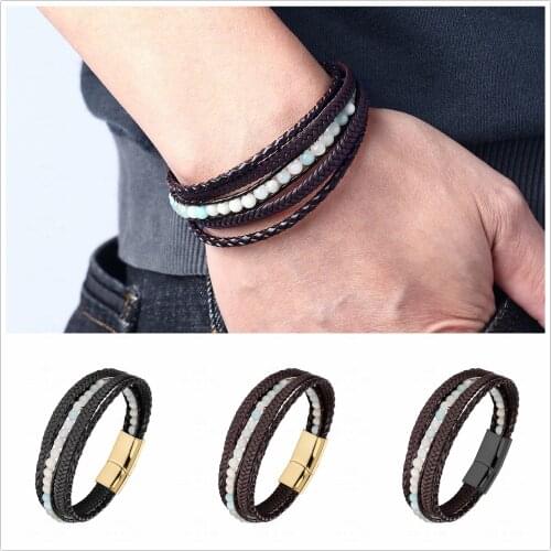 Boho Jewelry Beads Leather Charm Bracelet for Men Women Stainless Steel Natural Tianhe Stone Bracelet Bangle Gift Wholesal