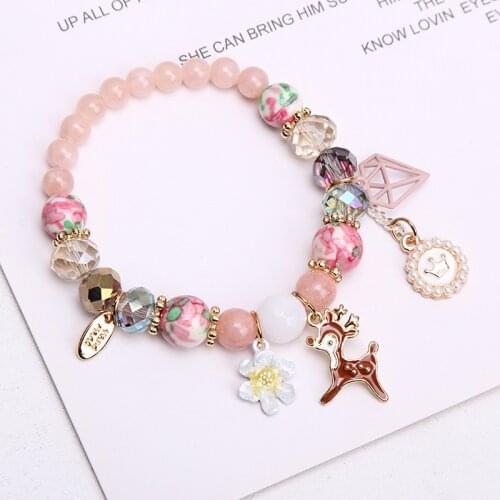 Korean fashion bohemian style bracelet female pop flower crystal color two-circle bracelet for women deer jewelry