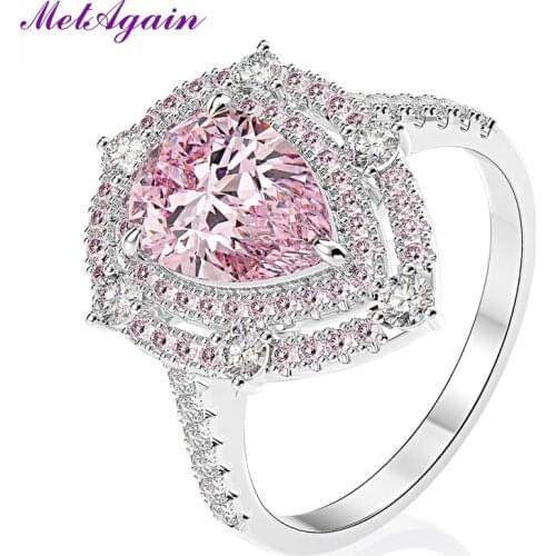 ELSIEUNEE Luxury Pure 925 Sterling Silver Water Drop Pink Quartz Diamond Rings For Women Wedding Engagement Fine Jewelry Ring