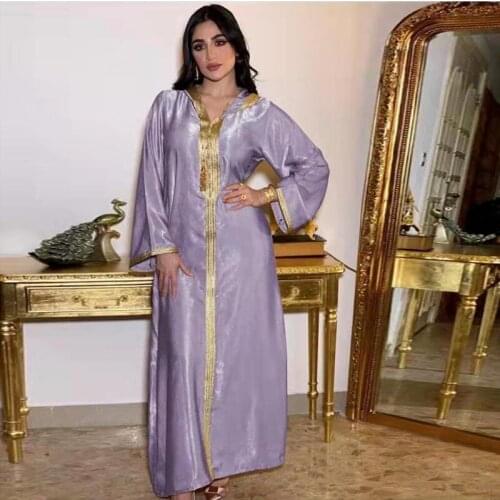 Eid Muslim Hooded Abaya Dress Jalabiya for Women Purple Moroccan Kaftan Party Robe Islam Dubai Arabic Turkey Clothes Champagne