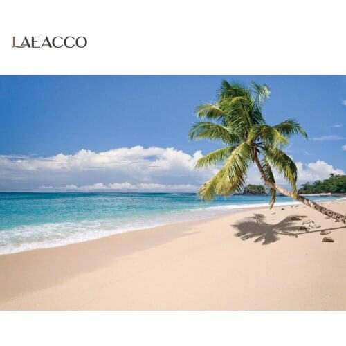 Laeacco Summer Holiday Cloudy Sky Sea Beach Palms Tree Natural View Photo Background Photographic Backdrop