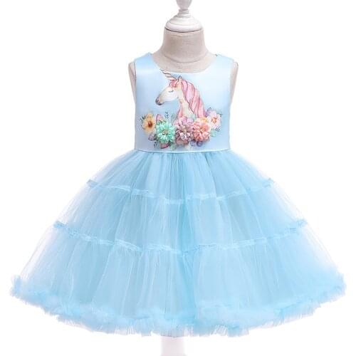 2021Summer Kids Dresses Girls unicorn Leeveless Net Gauze Puffy Princess Cake Kids Birthday Embroidered Dress Baby Clothing 2-8y