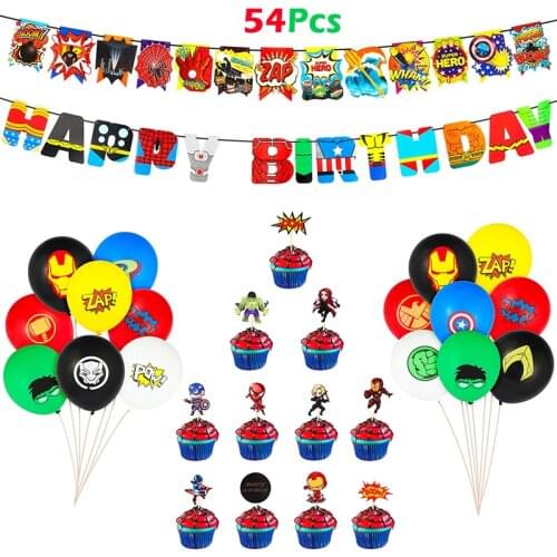 54pcs Superhero Party Supplies Kit Theme Party Supplies Balloons Cakecup Cake Topper Banner for Kids Birthday Party Decorations