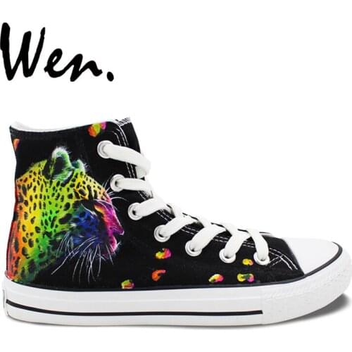 Wen Original Hand Painted Shoes Design Custom Colorful Leopard Pattern Men Womens High Top Canvas Sneakers for Gifts