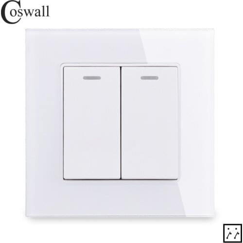 Coswall Tempered Crystal Glass Panel 2 Gang 3 Way Intermediate Switch Crossover Switch On / Off Wall Light Switch 16A C1 Series