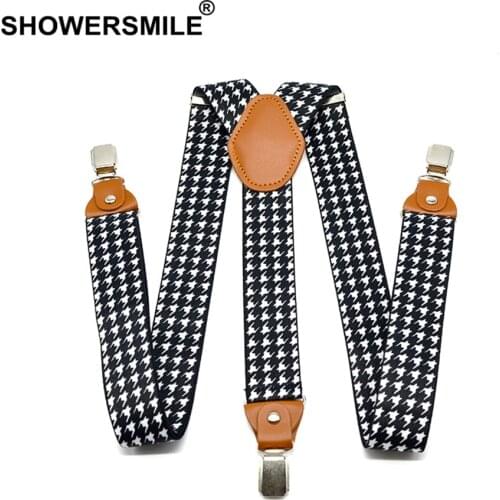 SHOWERSMILE Houndstooth Suspenders Man For Pants Fashion Casual Straps With Leather Adjustable 3 Cilps Y Back Braces Male Belts