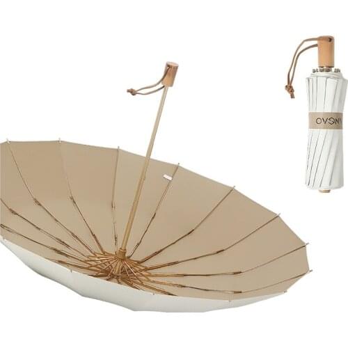 Three fold umbrella retro 16 bone sun umbrella folding multi-functional semi-automatic sunscreen umbrella Fashion wooden handle