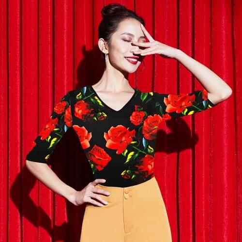 Flower Printing Latin Dance Tops For Women V-neck Practice Clothes Cha Cha Samba Ballroom Dancing Practice Wear Ladies DWY3611
