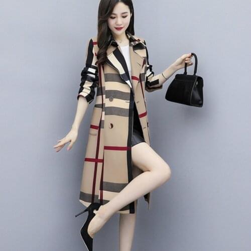 New Plaid Woman Trench Coats Casual Turn-Down Collar Double Breasted Full Women Trench Coat Wide-Waisted Print Femme Trench