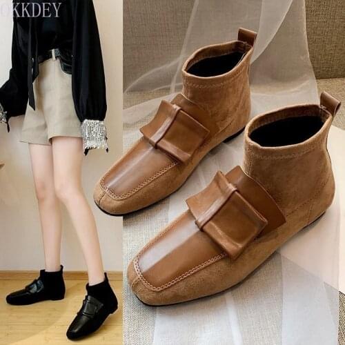 YSHUNIJ Fall / winter 2021 new fashion Martin boots womens square head bow stitching suede Pullover low heel short boots