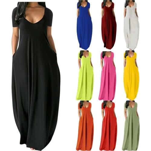 Women Casual Solid V-Neck Dress Summer Fashion Oversized Short Sleeve Pocket Dress Ladies Plus Size Loose Party Long Robe Dress