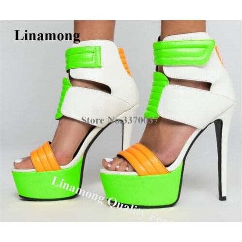 Linamong Newest Patchwork High Platform Stiletto Heel Gladiator Sandals Ankle Wrap Sexy High Heel Sandals Club Dress Shoes