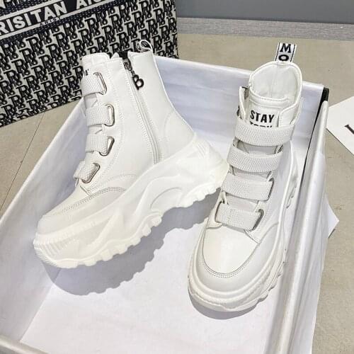 Women Ankle Boots Fashion Chunky Sneakers Women High Top Winter Platform Shoes PU Leather Woman Shoes 7cm Wedges White Shoes