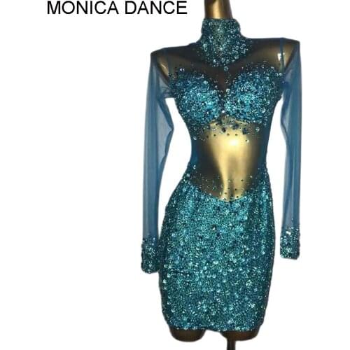 Women Sexy Blue Transparent Stones Dress Birthday Party Outfit Rhinestones Rompers Singer Team Dance Stage Performance Costume