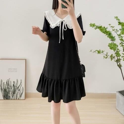 Women Lovely Peter Pan Collar Collar Clothes Loose Student Dress Short Sleeve French Style Clothing Kawaii A Line Preppy Girl