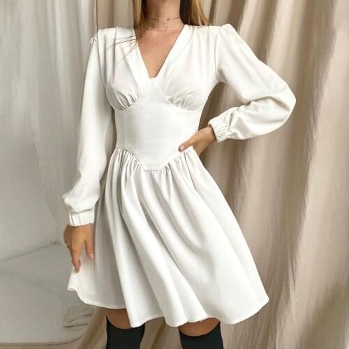 Women 2021 Spring Autumn New Solid High Waist V-neck Long Sleeve Temperament Streetwear Style Slim Pleated Dress E715