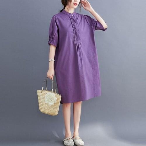 Oversized Women Cotton Linen Casual Dress New Arrival 2021 Summer Vintage Style Solid Color Loose Female Knee-length Dress S3749