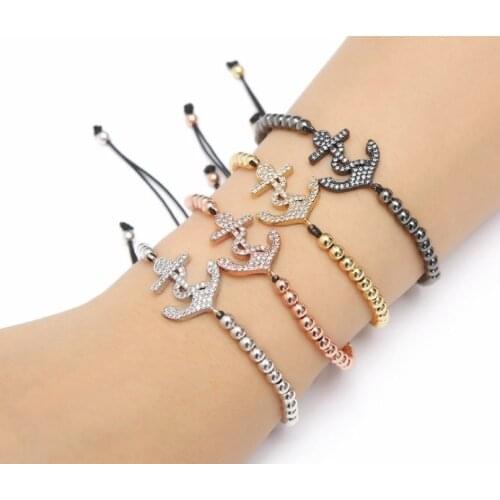 Gold silver micro pave cz Cubic Zirconia rope adjusted Copper Beads Bracelet hj4 Anchor Charm Braided Bangles