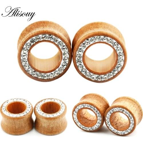 1PC Fashion Ear Plugs Wood Flesh Tunnels With Gem Crystal Rhinestone 8mm-16mm Saddle Ear Taper Body Piercing Jewelry Men Women