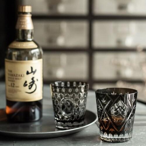 Household Japanese Edo cut glass water glass whisky glass black carved birthday gift birthday gift