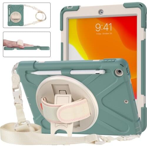 Tablet Case for iPad 10.2 8th 7th Generation with Pencil Holder Kids Heavy Duty 360 Swivle Hand Shoulder Strap PC Rugged Cover