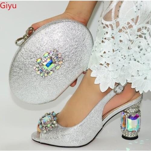 Doershow New Arrival African Wedding Shoes and Bag Set silver Italian Shoes with Matching Bags Nigerian Women party! SFY1-1
