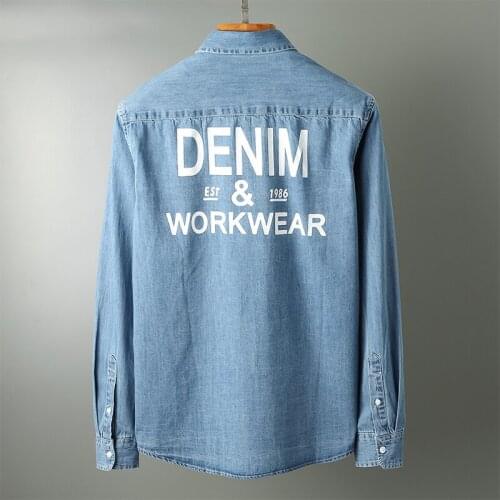 Denim Shirts Men Long Sleeve Slim Printing Cowboy Jacket Spring Autumn Blue Single Breasted College Casual Shirts Tops