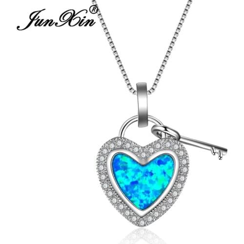 JUNXIN New Fashion Women Blue Opal Necklace Romantic Lovers Heart Pendants Silver Color Engagement Jewelry