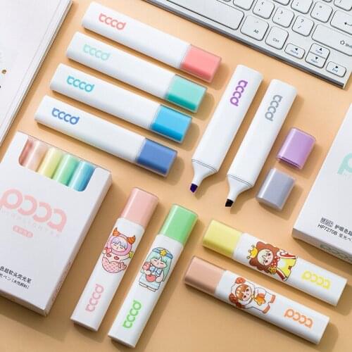 6pcs/Set Kawaii Marker Highlighter Pen Set Cut Cartoons Fluorescent Pens Key Point Markers Art Graffiti Drawing School Supplies
