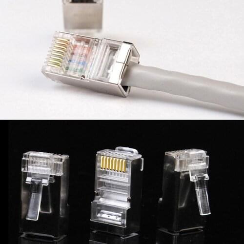 New 100Pcs Clear Metal Shield RJ45 Modular Plug RJ-45 8P8C CAT6 Network Cable Head