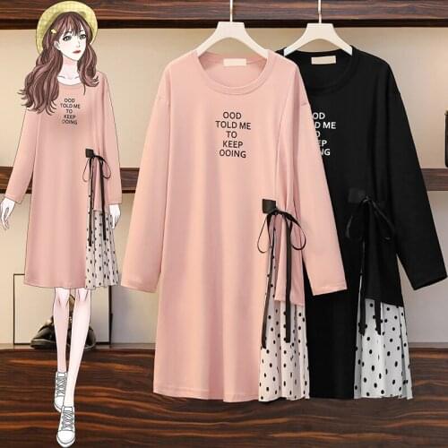 EHQAXIN New Large Size Womens Dress 2021 Fall Sweet Polka Dot Bowknot Stitching Long Sleeve Casual Asymmetric Letter Dress L-3XL