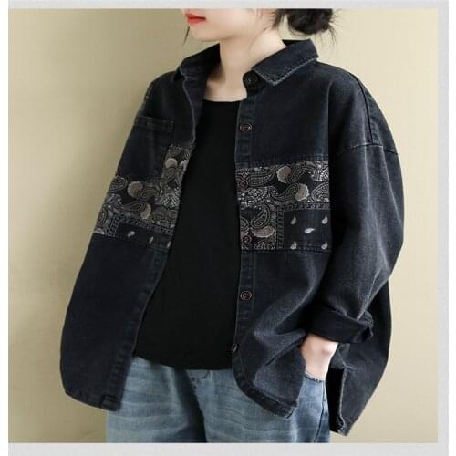 Autumn Women Lapel Stitching Printing Casual Denim Shirt Ladies Vintage Long Sleeve Loose Coats Female Oversize Blouse Tops