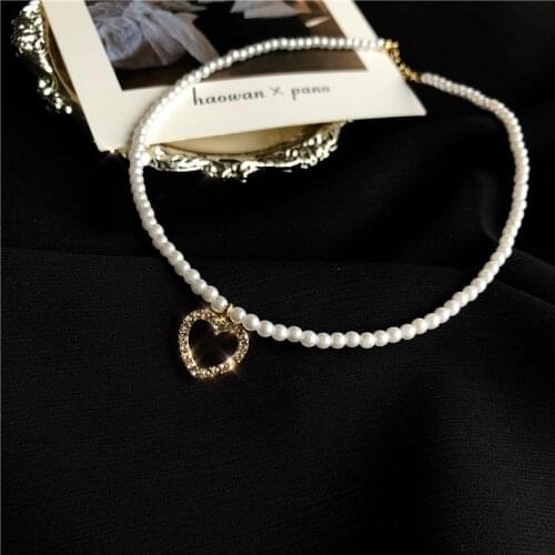 Korean Romantic Elegant Pearl Chain Hollow Heart Love Rhinestone Inlaid Pendent Necklace for Women Girls Kid Collar Jewelry Gift