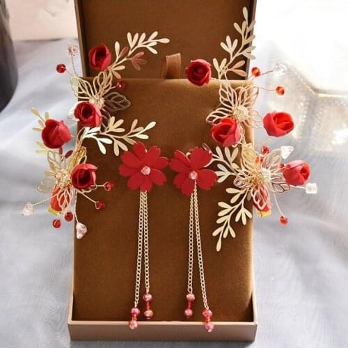 Bride Red Flower Headband Hair Clips Head Band Wedding Pearl Headbands Gold Leaf Hairpins Women Pearl Headpiece with earrings