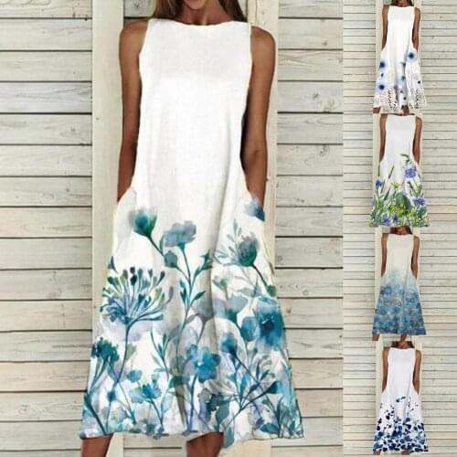 Plus Size Spring Summer Women Dress Floral Print Sleeveless Pockets Large Hem Midi Dresses Loose Casual Party Beach Sundress