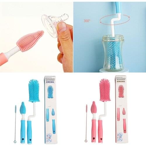 3pcs Silicone Bottle Brush 360 Degree Rotation Baby Pacifier Cup Nipple Cleaning Brushes Set Long Handle Baby Milk Cup Brush