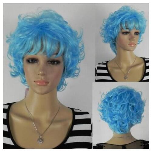 Shun MISS 001846 new vogue short blue curly unisex prom cosplay hair wig
