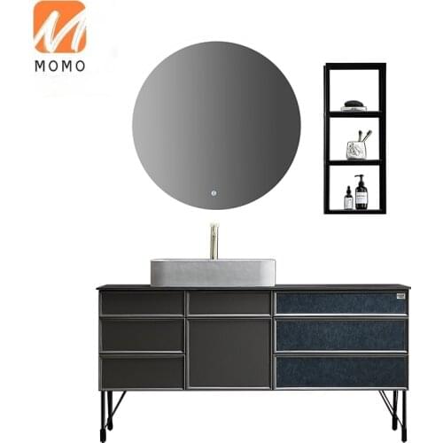 Modern Grey Color Floor Mounted Bathroom Vanity Cabinet with LED Mirror and Stainless Steel Shelf Customizable OEM
