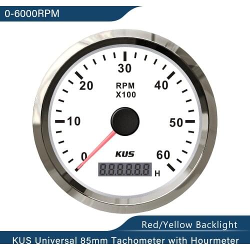 KUS 85mm Tachometer RPM Gauge REV Meter with Hour Meter 0-6000RPM 12V/24V with Red Yellow Backlight