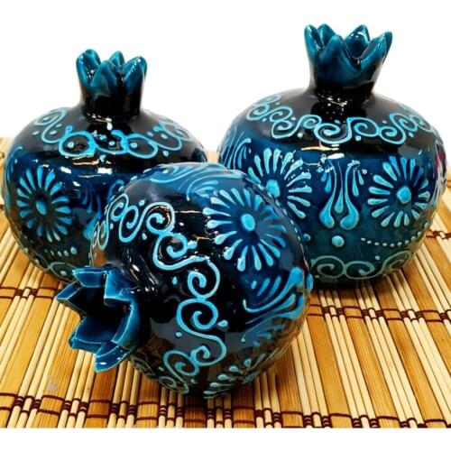 Handmade Turkish Work Tile Bereket Pomegranate Decorative Trinket 3-Piece Red Blue Tulip Decor Pomegranate Set
