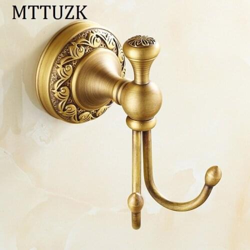 Vidric Solid Copper Robe Hooks Wall Hook Antique Brass Craved Double Clothes Hanger Towel Hooks Gancho Bathroom Accessories
