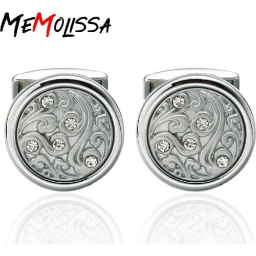 MeMolissa Laser Engraving Laser Metal Relief Retro Pattern Cufflinks high-quality Copper Round Crystal shirt cuff link