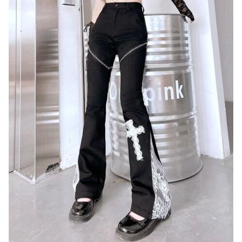 Harajuku Slight Flare Long Pants Women Black Lace Stitched Cross Casual Pants Slim Gothic Punk Trousers Femme Capris Pant
