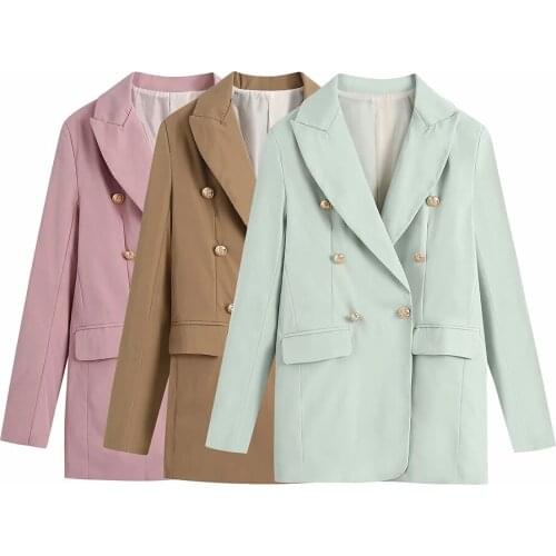 Women Solid Pink Double Breasted Streetwear Woven Slim Blazer female Vintage Long Sleeve Coat ladies chic Outerwear