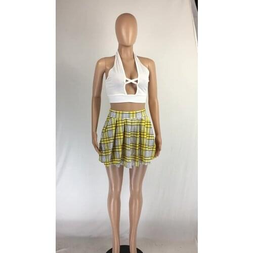 2021 Sexy Women Short Two Piece Skirt Set White Crop Top Plaid Short Pleated Dress Women Summer Outfits