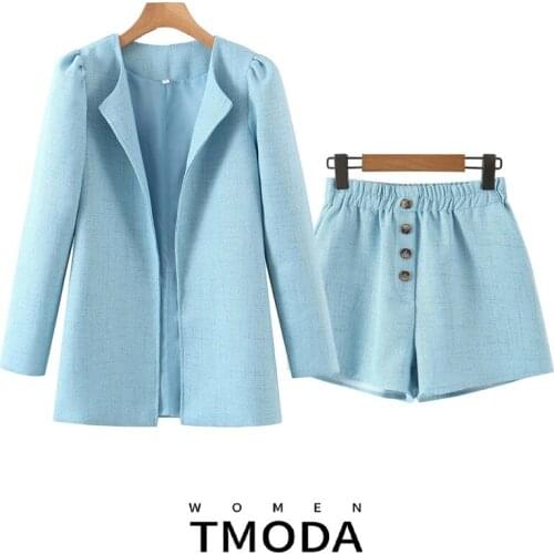 TMODA1458 Za 2021 Summer Women Casual Brand Suits Two Piece Sets Lady Open Stitch Blazers Coats And Female Fashion Chic Shorts