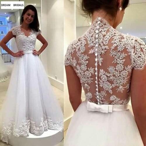 A-Line Cap Sleeve Vestidos De Novia 2019 Beadind Lace Trouwjurk Floor Length Wedding Bridal Dresses Illusion Back