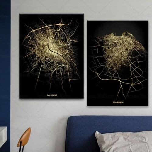 Famous City Salzburg, Ediinburgh Lights And Heat Black Gold Night View Traffic Road Canvas Decoration Painting Poster Interior