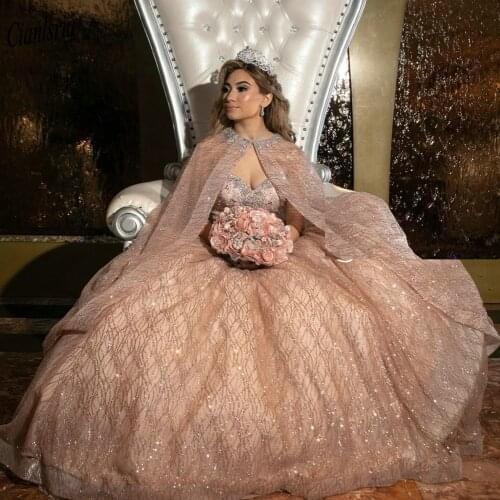 Gold Sparkly Crystal Beading Sweetheart Ball Gown Quinceanera Dresses With Cape Sleeveless Sweet 16 Dress Prom Party Dress