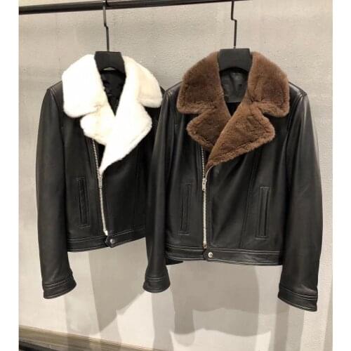 100% Real Sheepskin Genuine Women Coats 2020 Natural Sheepskin Leather Windbreaker Mink fur Jacket Soft H1202